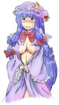  blush breasts cleavage crescent hair_ribbon hat hiroya_juuren large_breasts open_clothes open_shirt patchouli_knowledge ribbon shirt solo touhou 