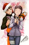  absurdres black_hair blonde_hair blue_eyes blush couple eyes_closed flower gift hat highres hyuuga_hinata love naruto paulo_barrios present santa_hat smile thigh_gap uzumaki_naruto zipper 