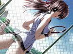  araiguma asou_hikari brown_hair chain-link_fence fence frilled_panties frills game_cg hair_ribbon looking_back love_call multiple_girls panties racket ribbon sportswear tennis tennis_racket tennis_uniform underwear 