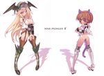  anal anal_tail animal_ears armor ass bare_shoulders blade_(galaxist) blonde_hair boots breasts brown_hair butt_plug cat_ears covered_nipples detached_sleeves fake_tail fantasy_earth_zero garter_belt helmet highres long_hair looking_back medium_breasts multiple_girls object_insertion red_eyes see-through short_hair small_breasts tail thighhighs wings 