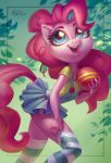  2018 anthro anthrofied ball blue_eyes clothing dress earth_pony equid equine female friendship_is_magic hair holivi horse legwear mammal my_little_pony open_mouth open_smile pink_hair pinkie_pie_(mlp) pony portrait shirt simple_background smile socks solo standing striped_legwear stripes three-quarter_portrait 
