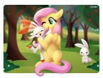  2019 ambiguous_gender angel_(mlp) crossed_arms crossover digital_media_(artwork) equid equine eyes_closed female feral fluttershy_(mlp) friendship_is_magic group hi_res lagomorph mammal my_little_pony nintendo open_mouth outside pok&eacute;mon pok&eacute;mon_(species) pterippus rabbit scheadar scorbunny tree video_games wings 