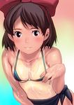  bad_id bad_pixiv_id bikini blush bow breasts brown_eyes brown_hair hair_bow kiki leaning_forward looking_at_viewer majo_no_takkyuubin masao micro_bikini_top one-piece_tan small_breasts smile solo swimsuit tan tanline upper_body wet 