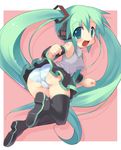  ass bad_id bad_pixiv_id boots cameltoe detached_sleeves green_eyes green_hair hatsune_miku long_hair looking_back necktie panties skirt smile solo striped striped_panties thigh_boots thighhighs trefoil tsuderou twintails underwear very_long_hair vocaloid 