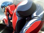  ass bent_over biker_clothes bikesuit blue_hair bodysuit breasts butt cameltoe from_behind hips leaning presenting reversible round_ass skin_tight sugihara_shizuno thighs underboob wide_hips 