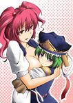  blue_eyes blush breasts green_hair hair_bobbles hair_ornament hat hug large_breasts multiple_girls onozuka_komachi open_clothes open_shirt red_eyes red_hair shiki_eiki shirt short_hair shouji_nigou touhou two_side_up yuri 