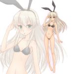  1girl animal_ears barefoot bikini black_bikini black_hairband blonde_hair breasts bunny_ears chindefu collarbone commentary_request full_body green_eyes hairband highleg highleg_bikini highleg_swimsuit kantai_collection long_hair looking_at_viewer navel salute shimakaze_(kantai_collection) simple_background small_breasts solo standing swimsuit white_background zoom_layer 