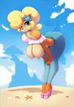 2019 anthro areola bandicoot bent_over big_breasts black_nose blonde_hair breasts butt clothed clothing cloud coco_bandicoot crash_bandicoot_(series) digital_media_(artwork) don_ko female flower flower_in_hair footwear green_eyes hair hanging_breasts hi_res high_heels jeans looking_at_viewe mammal marsupial nipples off_shoulder outside pants plant shirt shoes sky smile solo video_games 