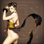  alternate_costume ass backless_outfit bracelet brown_eyes brown_hair chester_ocampo chun-li double_bun earrings eyeshadow flat_ass jewelry makeup panties pelvic_curtain short_hair smile solo spiked_bracelet spikes street_fighter thong underwear 