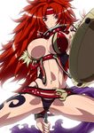  breasts cleavage headband large_breasts legs long_hair midriff purple_eyes queen's_blade red_hair revealing_clothes risty shield sideboob solo spread_legs suna tattoo thick_thighs thighs 