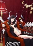  black_hair breasts bug butterfly cleavage demon_girl eat0123 horns insect lying medium_breasts navel on_side original red_eyes solo 