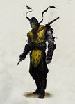  1boy highres male male_focus mask mortal_kombat ninja scorpion_(mortal_kombat) skull solo standing sword torn_clothes weapon 