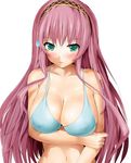  aqua_eyes bikini_top blastbeat blush breast_hold breasts cleavage duplicate hairband large_breasts long_hair looking_at_viewer megurine_luka navel pink_hair smile solo upper_body vocaloid 