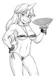  animal_print bikini breasts cup greyscale grin halter_top halterneck hand_on_hip hinemosu_notari horn hoshiguma_yuugi long_hair medium_breasts micro_bikini monochrome muscle muscular_female oni sakazuki side-tie_bikini smile solo swimsuit tiger_print touhou 