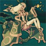 bare_legs blonde_hair blue_background full_body gen_3_pokemon headgear kantarou_(8kan) long_hair looking_at_viewer personification pokemon rayquaza simple_background sitting solo star tail 