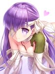  1girl all_fours bandage bandage_over_one_eye bow breasts cleavage closed_mouth fate/grand_order fate_(series) hair_bow heart highres kingprotea long_hair looking_at_viewer medium_breasts moss purple_eyes purple_hair simple_background smile solo tomo_(user_hes4085) white_background white_bow 