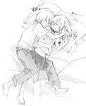  1girl barefoot feet greyscale hug hug_from_behind katsura_miya maka_albarn monochrome sketch sleeping soul_eater soul_eater_(character) 