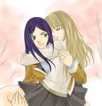  bangs blonde_hair blue_hair carrying cherry_blossoms closed_eyes fujino_shizuru green_eyes hug kuga_natsuki long_hair mico3 multiple_girls my-hime parted_bangs princess_carry school_uniform skirt smile yuri 