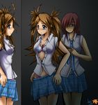  2girls artist_request blue_eyes bra brown_hair genderswap girl hair_over_one_eye kairi kingdom_hearts mirror navel red_hair school_uniform sora_(kingdom_hearts) you_gonna_get_raped 