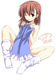  bad_id bad_pixiv_id brown_eyes brown_hair clothes_in_front covering dress misaka_mikoto nude nude_cover one_eye_closed socks solo spread_legs take_shinobu to_aru_kagaku_no_railgun to_aru_majutsu_no_index 