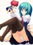  aqua_hair armband bad_id bad_pixiv_id bespectacled black_legwear blue_eyes character_doll doll glasses hair_bobbles hair_ornament holding legs_up onozuka_komachi open_mouth orange_(satsurikukuma) panties pantyshot pantyshot_(sitting) pillow red_hair shiki_eiki short_hair sitting skirt solo thighhighs touhou two_side_up underwear vest white_panties 