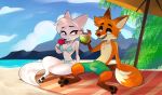  absurd_res anthro arctic_fox beach bikini canid canine clothing cloud coconut drupe_(fruit) duo dymitr3 emily_(emily_rose) eye_contact fairfax_(mario_toledo) female food fox fruit green_eyes hi_res looking_at_another male male/female mammal parasol pawpsicle paws pink_eyes plant popsicle red_fox sea seaside sitting smile swimwear towel water 