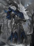  1boy arm_up armor artorias_the_abysswalker bare_tree blue_cape blue_trim cape dark_souls_(series) dark_souls_iii great_grey_wolf_sif greatsword helm helmet highres holding holding_sword holding_weapon junjiuk monochrome moon multiple_swords sticks sword tree weapon wolf wolf_boy 