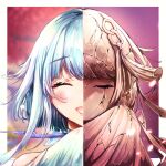  1girl before_and_after blue_hair chehg chinese_commentary closed_eyes closed_mouth english_commentary genshin_impact guizhong_(genshin_impact) highres medium_hair mixed-language_commentary open_mouth sad smile starry_background tagme upper_body 