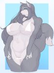  alldropped anthro big_breasts bikini blue_eyes breasts canid canine canis clothing collar curvy_figure female fingers fur genitals gezo_(alldropped) grey_body grey_fur grey_hair hair hi_res huge_breasts long_hair mammal pussy simple_background solo swimwear thick_thighs voluptuous wide_hips wolf 