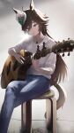  1girl ahoge animal_ears blue_eyes blue_pants brown_hair denim guitar hair_between_eyes hair_ornament hairclip highres holding holding_instrument horse_ears horse_girl horse_tail instrument jeans kimura_komekami long_hair mr._c.b._(umamusume) pants sitting solo stool tail tilted_headwear umamusume very_long_hair white_headwear 