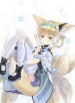  1girl absurdres animal_ears arknights bangs blunt_bangs bow-shaped_hair braid commentary_request detached_sleeves fox_ears fox_girl fox_tail green_eyes hair_between_eyes highres hugging_own_legs knees_together_feet_apart knees_up kyuubi light_brown_hair long_hair looking_at_viewer multiple_tails petals sidelocks smile solo suzuran_(arknights) tail thighhighs white_background white_thighhighs wide_sleeves xiao_xiao_tian 