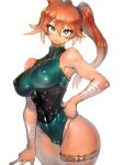  1girl arm_wrap black_corset boku_no_hero_academia breasts china_dress chinese_clothes corset dress fumio_(rsqkr) green_eyes green_leotard grin hair_between_eyes hands_on_hips highres i_yo_ka kendou_itsuka large_breasts leotard long_hair looking_at_viewer muscular muscular_female orange_hair side_ponytail smile solo thick_thighs thigh_strap thighs white_background wrapping 