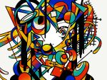 1girl abstract closed_mouth colored_skin colorful expressionless geometry high_contrast looking_at_viewer multicolored_eyes no_nose one_eye_covered original portrait simple_background smears solo straight-on tagme white_background white_skin wokichi 