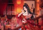  bare_shoulders black_hair closed_mouth comb hair_bun hair_ornament hand_fan holding holding_fan jewelry lantern laoming_lao_miao long_hair midriff necklace original painting_(object) paper_fan party railing smile smoke solo_focus table uchiwa upper_body 