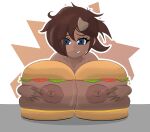  alpha_channel areola big_areola big_breasts big_nipples bovid_horn bovine_horn breast_squish breasts brown_body brown_hair cow_horn dark_body dark_skin embarrassed fan_character female food furniture hair hair_over_eye hi_res horn huge_areola huge_breasts huge_nipples humanoid mrschllyay nipples one_eye_obstructed ruby_big_heart_(oc) sandwich_(food) simple_background solo squish table transparent_background 