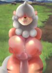  anthro big_breasts bodily_fluids breasts breasts_squish cum cum_in_mouth cum_inside cum_on_breasts cumshot disembodied_penis ejaculation erection fangs female field fur genital_fluids genitals grass hair hair_over_eyes hi_res hisuian_form hisuian_growlithe huge_breasts humanoid_genitalia humanoid_penis looking_at_viewer male male/female nintendo nipples nude open_mouth orange_body orange_fur outside penis plant pokemon pokemon_(species) pussy regional_form_(pokemon) smile teeth tongue tongue_out white-stripes white_hair 
