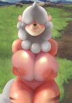  anthro big_breasts breasts breasts_squish fangs female field fur genitals grass hair hair_over_eyes hi_res hisuian_form hisuian_growlithe huge_breasts looking_at_viewer nintendo nipples nude orange_body orange_fur outside plant pokemon pokemon_(species) pussy regional_form_(pokemon) smile solo teeth white-stripes white_hair 