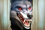  2023 anthro canid canine canis chinni2d clothed clothing death_(puss_in_boots) fangs here&#039;s_johnny_(meme) humor male mammal meme open_mouth red_eyes sharp_teeth signature smile solo stephen_king_(copyright) teeth the_shining wolf 