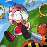  1:1 amy_rose anthro avioylin blush bodily_fluids clothing detailed_background duo eulipotyphlan female gasp hedgehog hi_res jewelry machine male male/female mammal motion_lines open_mouth penetration ring robot sega sonic_the_hedgehog_(series) wide_eyed 