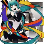  1girl abstract abstract_background aqua_hair aqua_nails aqua_necktie bangs bare_shoulders black_eyes black_footwear black_mouth black_skirt black_sleeves boots border collared_shirt detached_sleeves full_body grey_background grey_shirt hair_ornament half-closed_eyes halftone hands_up hatsune_miku headset kneeling long_hair long_sleeves looking_at_viewer miniskirt nail_polish necktie open_mouth outside_border own_hands_together pleated_skirt shirt skirt sleeveless sleeveless_shirt solo steepled_fingers thigh_boots twintails very_long_hair vocaloid white_border wide_sleeves wokichi zettai_ryouiki 