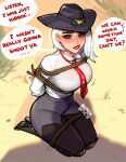  1girl artist_name ashe_(overwatch) blush blushyspicy boots breasts commentary cowboy_hat english_text hat high_heels highres jewelry large_breasts lips lipstick looking_at_viewer makeup mole mole_above_mouth overwatch red_eyes red_lips restrained rope seiza short_hair sitting solo speech_bubble teeth white_hair 