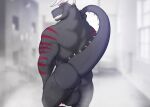  anthro backsack balls big_balls black_body black_scales dragon genitals grin hi_res horn looking_back male malzel_(kojimafire) perineum raised_tail rear_view red_eyes scales scalie smile solo standing tail teeth wingless_dragon zomacaius 