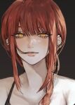  1girl bangs bare_shoulders black_background braid chainsaw_man closed_mouth dark_background ear_piercing eyelashes hair_between_eyes highres inuo_(inuo_x) long_hair looking_at_viewer makima_(chainsaw_man) multiple_piercings piercing portrait red_hair side_braid sidelocks solo yellow_eyes 