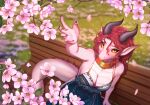  2023 absurd_res anthro belly bench black_sclera breasts cherry_blossom cherry_blossom_tree cherry_tree clawed_fingers cleavage clothed clothing dragon dress female fruit_tree hi_res horn huge_filesize lanhai looking_up_at_viewer mane pink_body pink_scales plant pupils reaching_up red_mane ring_necklace scales scalie slit_pupils smile solo tail_mane tree western_dragon white_belly wryn_bilyong 