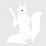  1:1 2023 4_toes 5_fingers anthro braided_hair breasts canid canine cheek_tuft claws clothed clothing digital_media_(artwork) facial_tuft feet female finger_claws fingers food fox freckles hair hi_res inner_ear_fluff kneeling looking_at_viewer mammal markings monochrome noxu patricia_mac_sionnach plantigrade popsicle raised_tail side_boob solo spread_legs spreading tail toe_claws toes topless topless_anthro topless_female tuft whisker_markings 