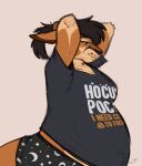  absurd_res anthro belly big_belly binturongboy black_hair bottomwear breasts clothed clothing female fully_clothed fur furgonomics hair hi_res kangaroo macropod mammal marsupial pants ponytail pregnant pregnant_female shirt side_view simple_background solo t-shirt tan_body tan_fur topwear 