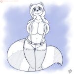  anthro areola big_breasts bottomwear breasts clothed clothing cutoffs daisy_dukes denim denim_clothing digital_media_(artwork) drxii female fur hair hi_res hotpants huge_breasts looking_at_viewer mammal navel procyonid raccoon shorts simple_background smile standing suspenders 