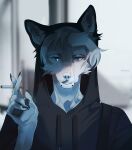  2020 absurd_res anthro artist_name black_claws black_clothing black_hoodie black_topwear blue_eyes blue_theme blurred_background bust_portrait canid cheek_tuft chin_piercing claws clothed clothing facial_tuft finger_claws front_view fur glistening glistening_eyes hi_res hoodie looking_at_viewer male mammal narrowed_eyes open_mouth portrait smoking solo teeth topwear tuft unknowhiter white_body white_fur 