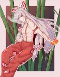  1girl absurdres baggy_pants bamboo bangs bow cigarette commentary commentary_request fire fujiwara_no_mokou hair_bow hands_in_pockets highres hime_cut hound_(ddda3110) long_hair long_sleeves looking_at_viewer ofuda ofuda_on_clothes pants red_eyes red_pants shirt sidelocks sleeve_garter solo suspenders touhou very_long_hair white_bow white_hair white_shirt 
