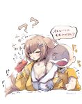  1girl absurdres animal_ears blush bone_hair_ornament breasts brown_eyes brown_hair can cleavage dog_ears dog_tail drunk ear_twitch hair_ornament half-closed_eyes highres holding holding_can hololive ikayaki_(artist) inugami_korone jacket large_breasts listener_(inugami_korone) long_hair long_sleeves open_clothes open_jacket open_mouth saliva saliva_trail shirt simple_background tail tail_wagging translation_request virtual_youtuber white_background white_shirt yellow_jacket 